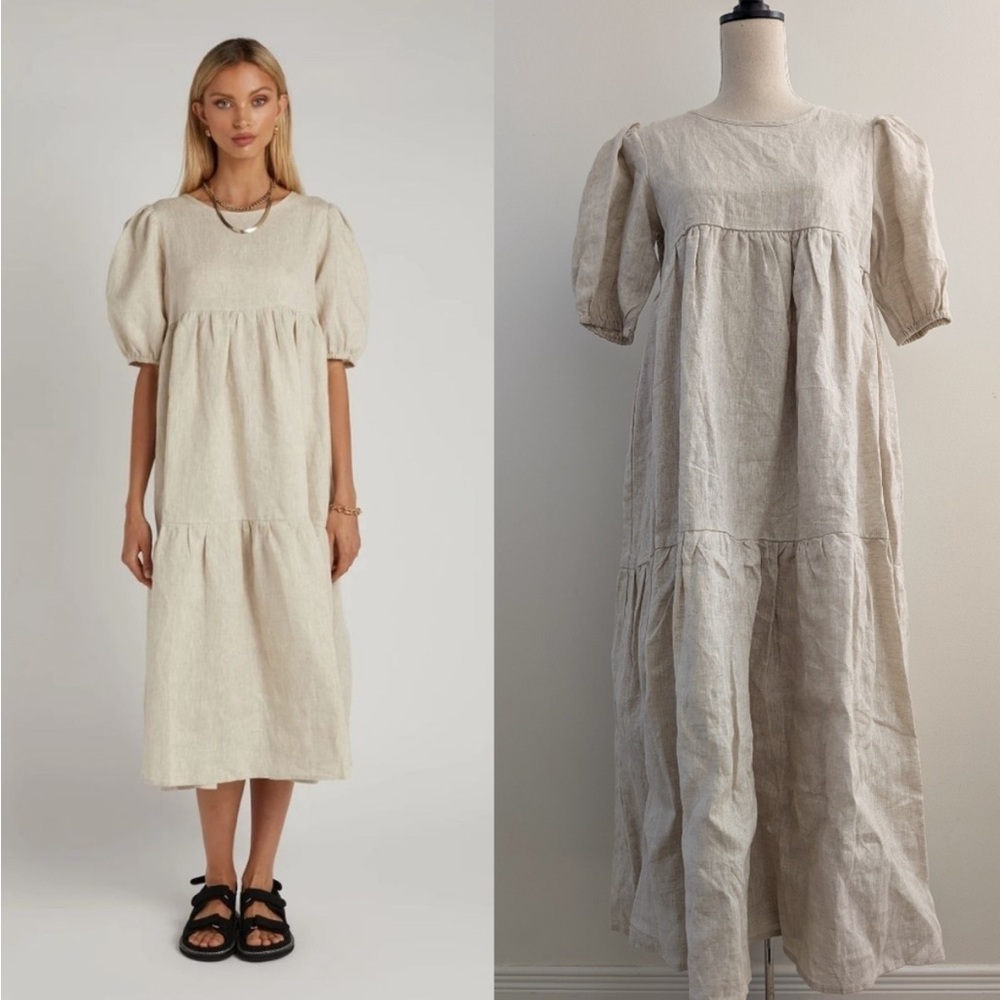 DISSH Linen Puff-Sleeve Tiered Maxi Dress - Natural